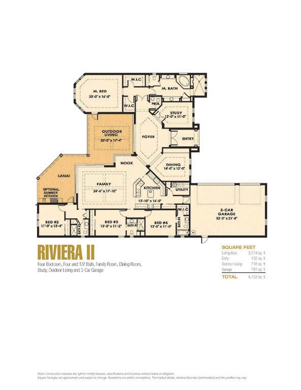 Riviera II Floor Plan in Lakoya, Stock Construction, 4 bedroom, 4 1/2 bath, family room, dining room, study, outdoor living, 3-car garage